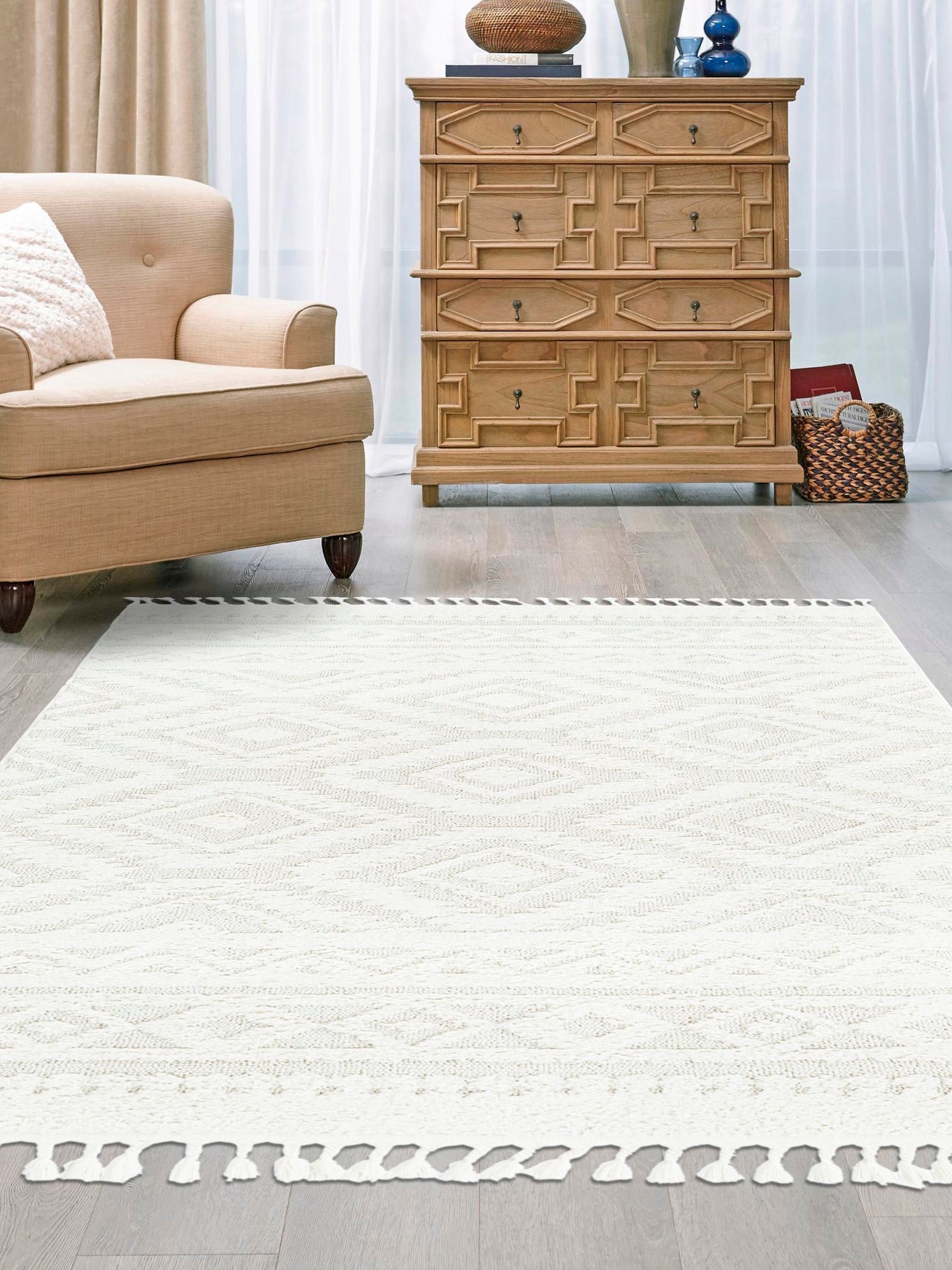 Ivory 9' 6 x 14' 3 Boho Rectangle Area Rug 100% Polyester With Cotton Backing Geometric Modern Boho Bohemian Decor Carpet for Living Rooms Office Dining Kitchen Unique Interior Design for Sale at Rug Engine