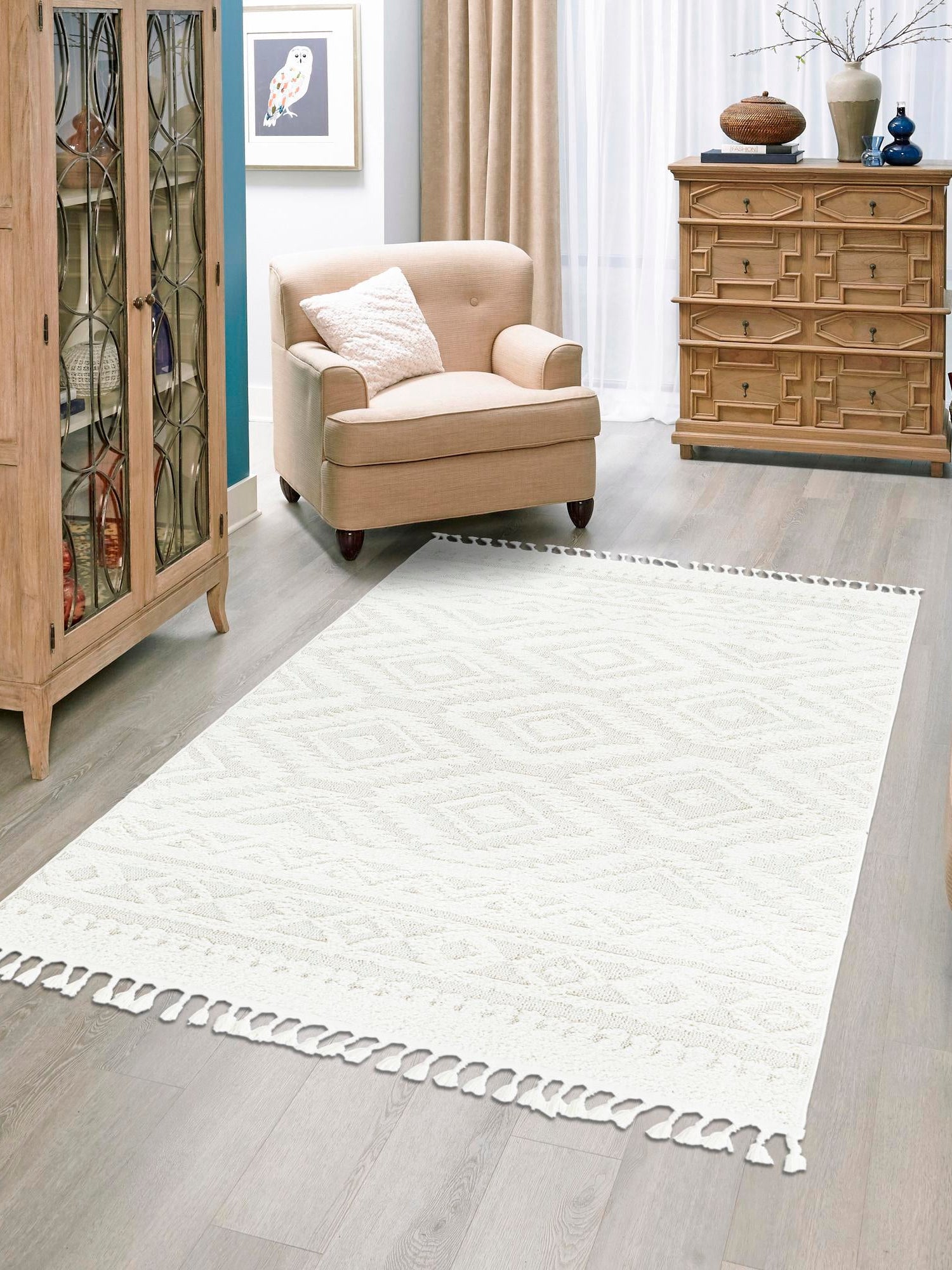 Ivory 3' 3 x 5' 3 Boho Rectangle Area Rug 100% Polyester With Cotton Backing Geometric Modern Boho Bohemian Decor Carpet for Living Rooms Office Dining Kitchen Unique Interior Design for Sale at Rug Engine