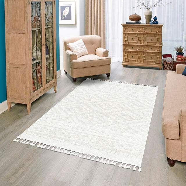 Ivory 3' 3 x 5' 3 Boho Rectangle Area Rug 100% Polyester With Cotton Backing Geometric Modern Boho Bohemian Decor Carpet for Living Rooms Office Dining Kitchen Unique Interior Design for Sale at Rug Engine