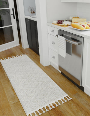Ivory 2' x 6' 1 Boho Runner Area Rug 100% Polyester With Cotton Backing Geometric Modern Boho Bohemian Decor Carpet for Living Rooms Office Dining Kitchen Unique Interior Design for Sale at Rug Engine