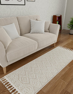 Ivory 2' x 6' 1 Boho Runner Area Rug 100% Polyester With Cotton Backing Geometric Modern Boho Bohemian Decor Carpet for Living Rooms Office Dining Kitchen Unique Interior Design for Sale at Rug Engine