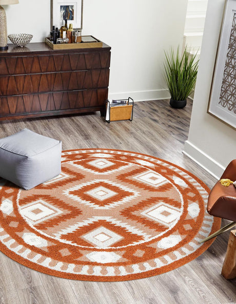 Rust Red 7' 10 x 7' 10 Boho Round Area Rug 100% Polyester With Cotton Backing Geometric Modern Boho Bohemian Decor Carpet for Living Rooms Office Dining Kitchen Unique Interior Design for Sale at Rug Engine
