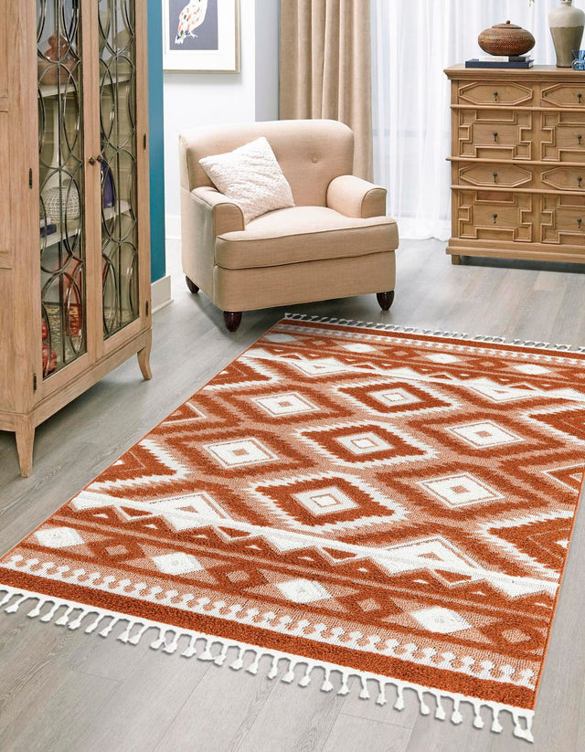 Rust Red 9' 6 x 14' 3 Boho Rectangle Area Rug 100% Polyester With Cotton Backing Geometric Modern Boho Bohemian Decor Carpet for Living Rooms Office Dining Kitchen Unique Interior Design for Sale at Rug Engine