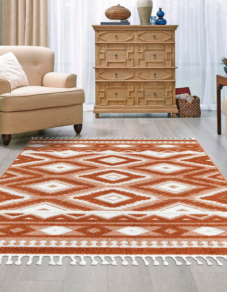 Rust Red 7' 10 x 10' Boho Rectangle Area Rug 100% Polyester With Cotton Backing Geometric Modern Boho Bohemian Decor Carpet for Living Rooms Office Dining Kitchen Unique Interior Design for Sale at Rug Engine