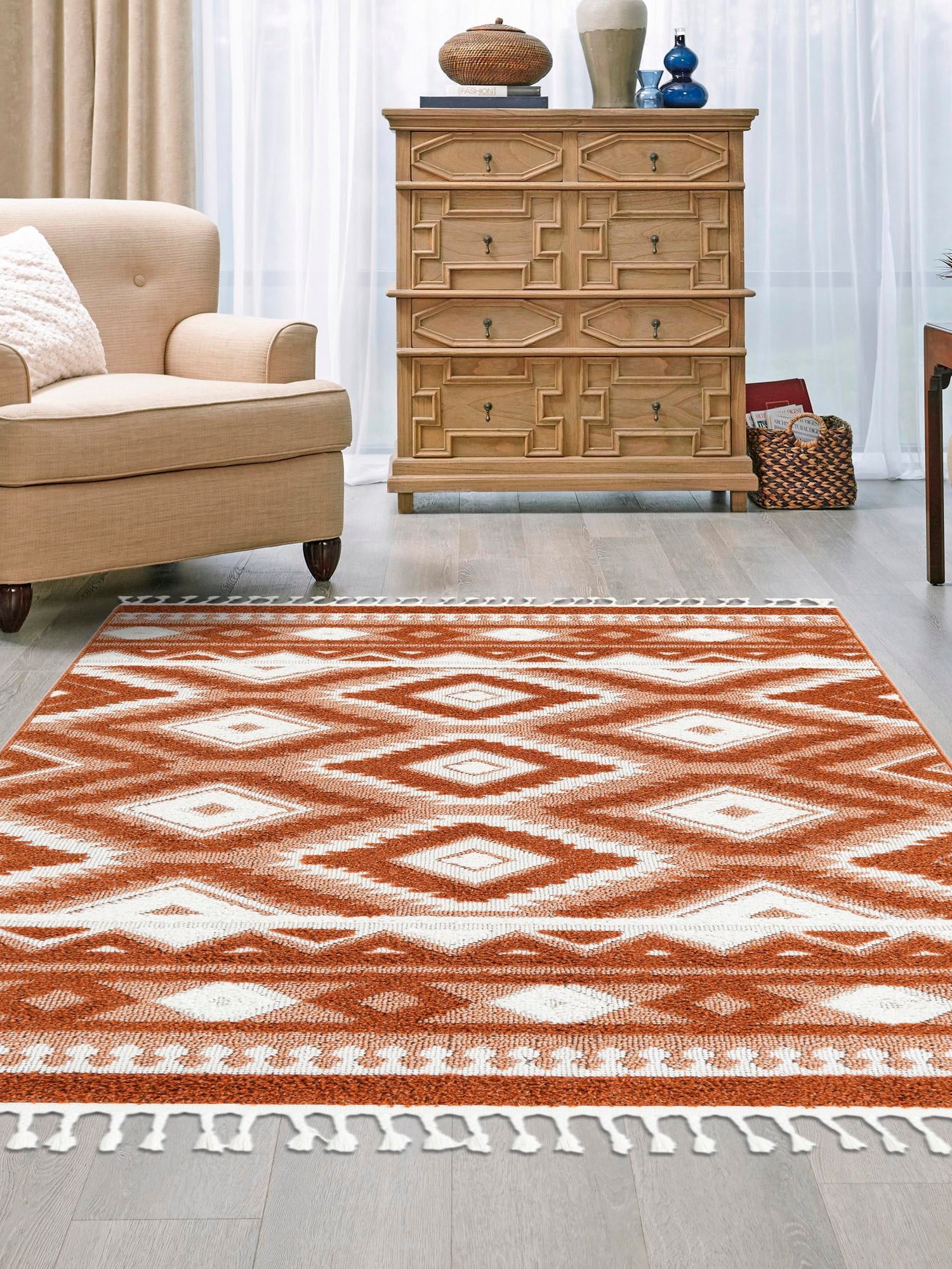 Rust Red 2' x 3' 1 Boho Rectangle Area Rug 100% Polyester With Cotton Backing Geometric Modern Boho Bohemian Decor Carpet for Living Rooms Office Dining Kitchen Unique Interior Design for Sale at Rug Engine