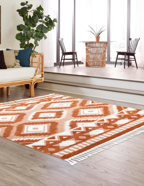Rust Red 7' 10 x 7' 10 Boho Square Area Rug 100% Polyester With Cotton Backing Geometric Modern Boho Bohemian Decor Carpet for Living Rooms Office Dining Kitchen Unique Interior Design for Sale at Rug Engine