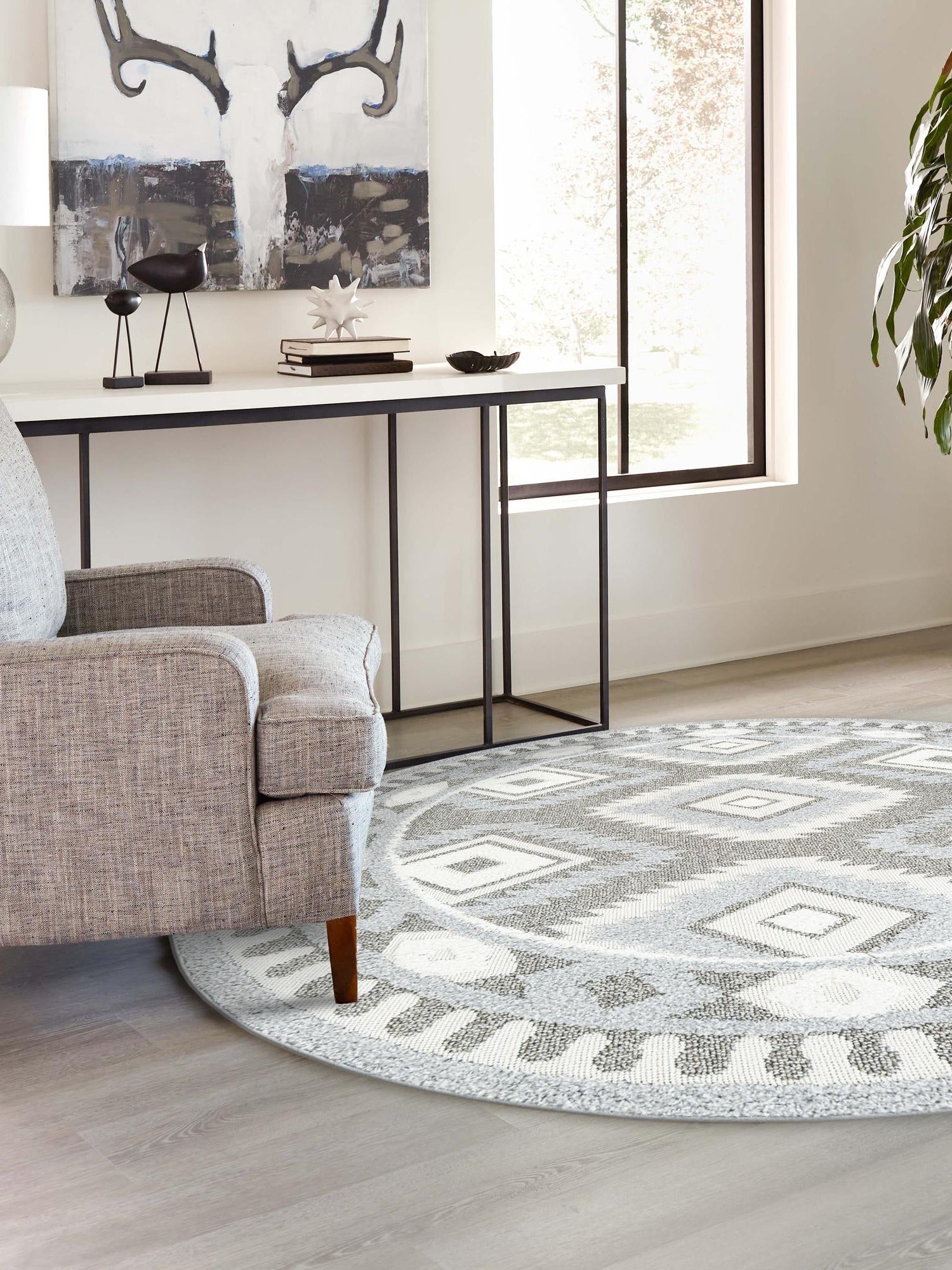 Gray 7' 10 x 7' 10 Boho Round Area Rug 100% Polyester With Cotton Backing Geometric Modern Boho Bohemian Decor Carpet for Living Rooms Office Dining Kitchen Unique Interior Design for Sale at Rug Engine