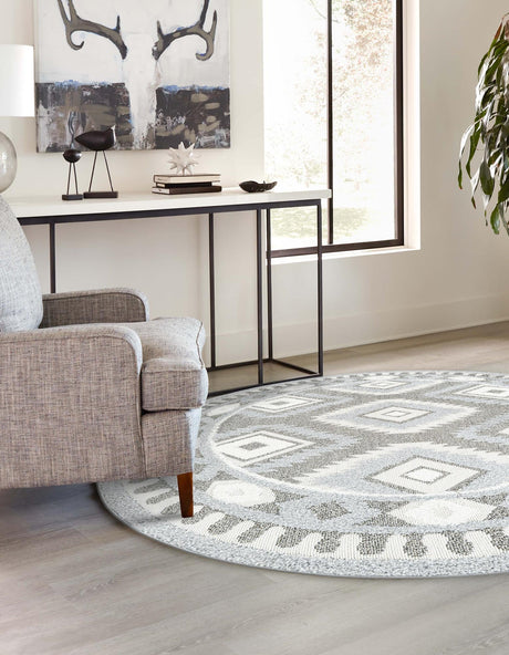 Gray 5' 3 x 5' 3 Boho Round Area Rug 100% Polyester With Cotton Backing Geometric Modern Boho Bohemian Decor Carpet for Living Rooms Office Dining Kitchen Unique Interior Design for Sale at Rug Engine