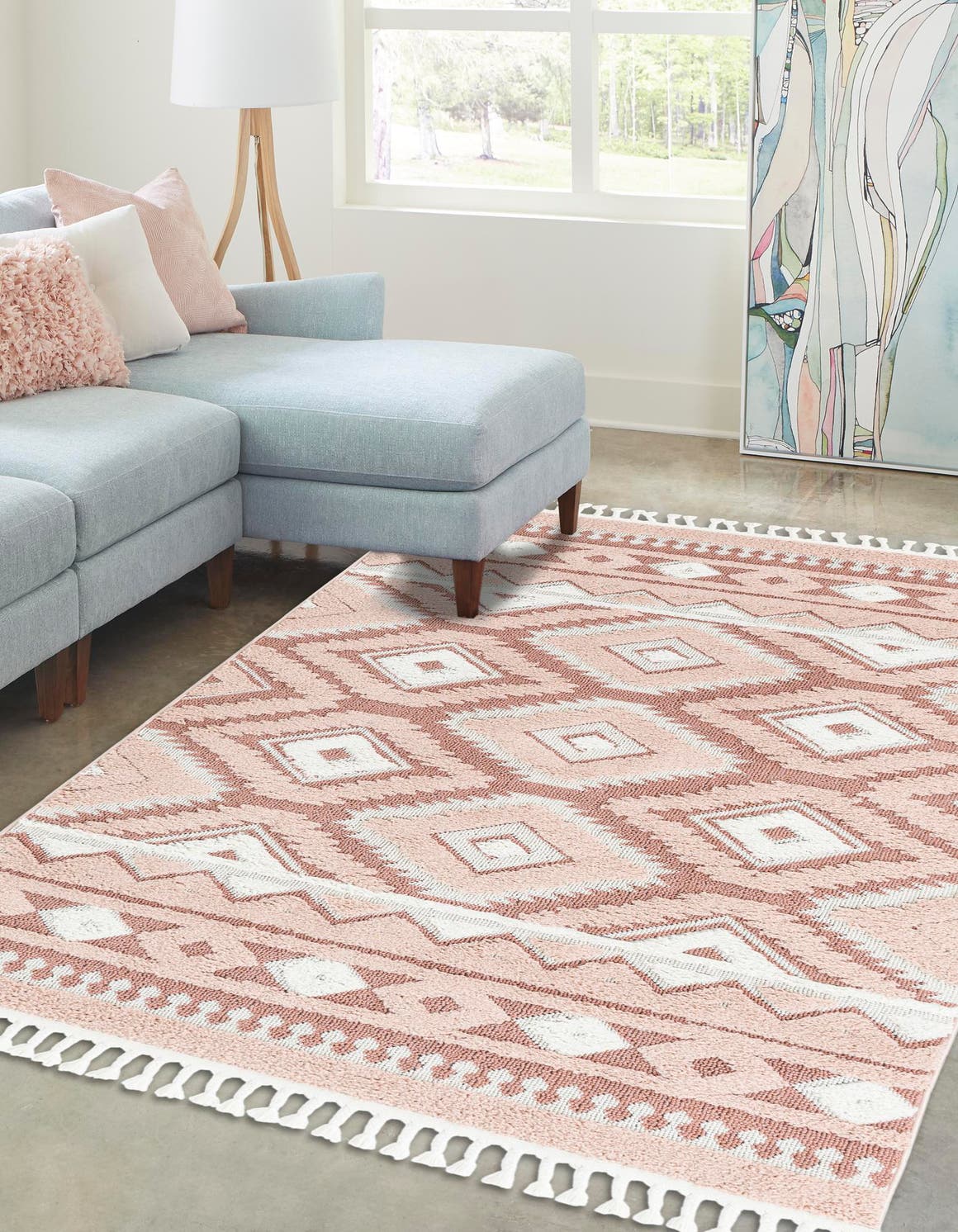 Pink 4' 1 x 6' 1 Boho Rectangle Area Rug 100% Polyester With Cotton Backing Geometric Modern Boho Bohemian Decor Carpet for Living Rooms Office Dining Kitchen Unique Interior Design for Sale at Rug Engine