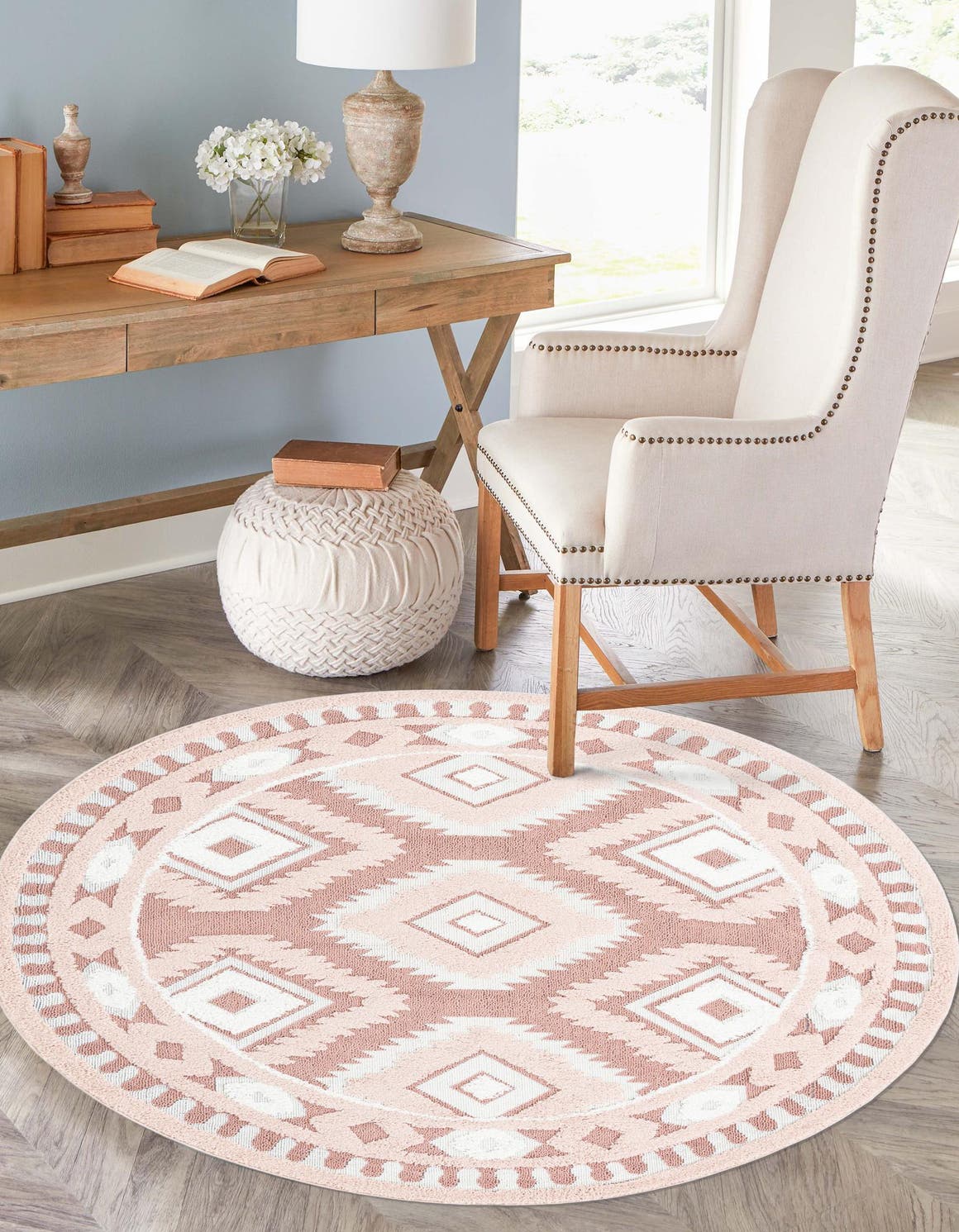Pink 5' 3 x 5' 3 Boho Round Area Rug 100% Polyester With Cotton Backing Geometric Modern Boho Bohemian Decor Carpet for Living Rooms Office Dining Kitchen Unique Interior Design for Sale at Rug Engine