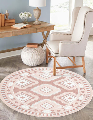 Pink 7' 10 x 7' 10 Boho Round Area Rug 100% Polyester With Cotton Backing Geometric Modern Boho Bohemian Decor Carpet for Living Rooms Office Dining Kitchen Unique Interior Design for Sale at Rug Engine