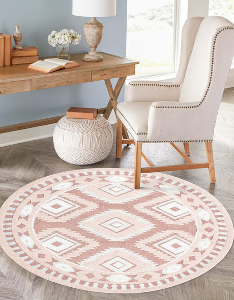 Pink 7' 10 x 7' 10 Boho Round Area Rug 100% Polyester With Cotton Backing Geometric Modern Boho Bohemian Decor Carpet for Living Rooms Office Dining Kitchen Unique Interior Design for Sale at Rug Engine