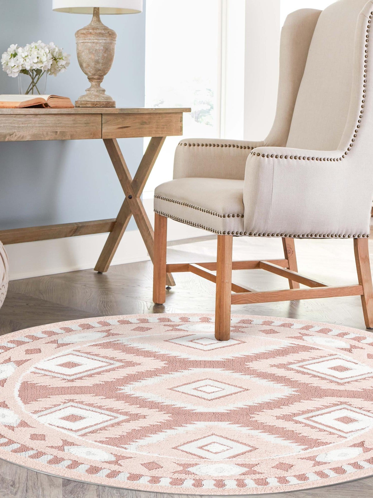 Pink 5' 3 x 5' 3 Boho Round Area Rug 100% Polyester With Cotton Backing Geometric Modern Boho Bohemian Decor Carpet for Living Rooms Office Dining Kitchen Unique Interior Design for Sale at Rug Engine