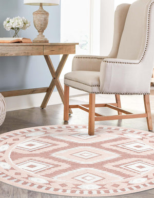 Pink 5' 3 x 5' 3 Boho Round Area Rug 100% Polyester With Cotton Backing Geometric Modern Boho Bohemian Decor Carpet for Living Rooms Office Dining Kitchen Unique Interior Design for Sale at Rug Engine