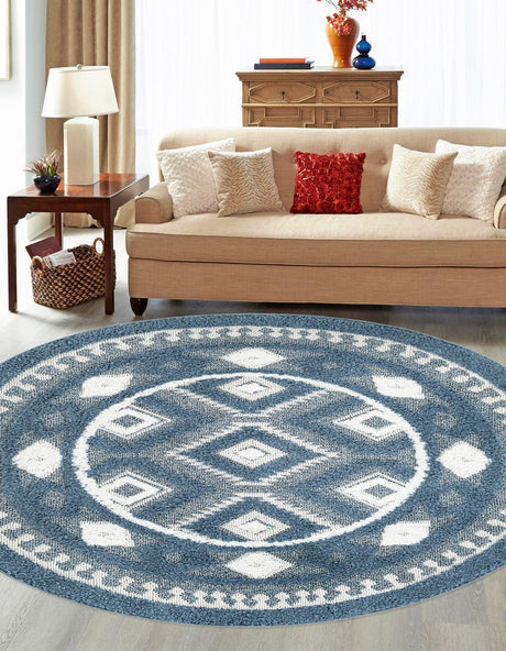 Blue 7' 10 x 7' 10 Boho Round Area Rug 100% Polyester With Cotton Backing Geometric Modern Boho Bohemian Decor Carpet for Living Rooms Office Dining Kitchen Unique Interior Design for Sale at Rug Engine