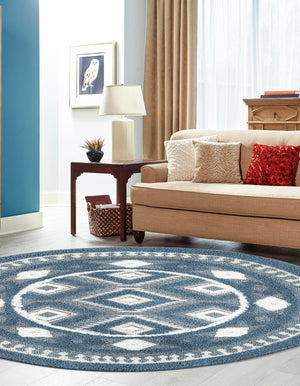 Blue 7' 10 x 7' 10 Boho Round Area Rug 100% Polyester With Cotton Backing Geometric Modern Boho Bohemian Decor Carpet for Living Rooms Office Dining Kitchen Unique Interior Design for Sale at Rug Engine
