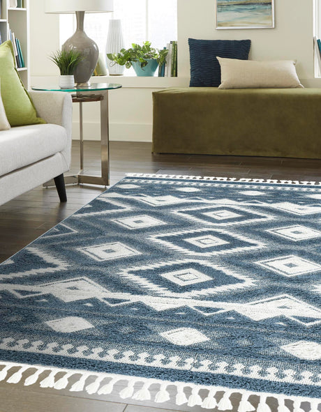 Blue 9' x 12' Boho Rectangle Area Rug 100% Polyester With Cotton Backing Geometric Modern Boho Bohemian Decor Carpet for Living Rooms Office Dining Kitchen Unique Interior Design for Sale at Rug Engine