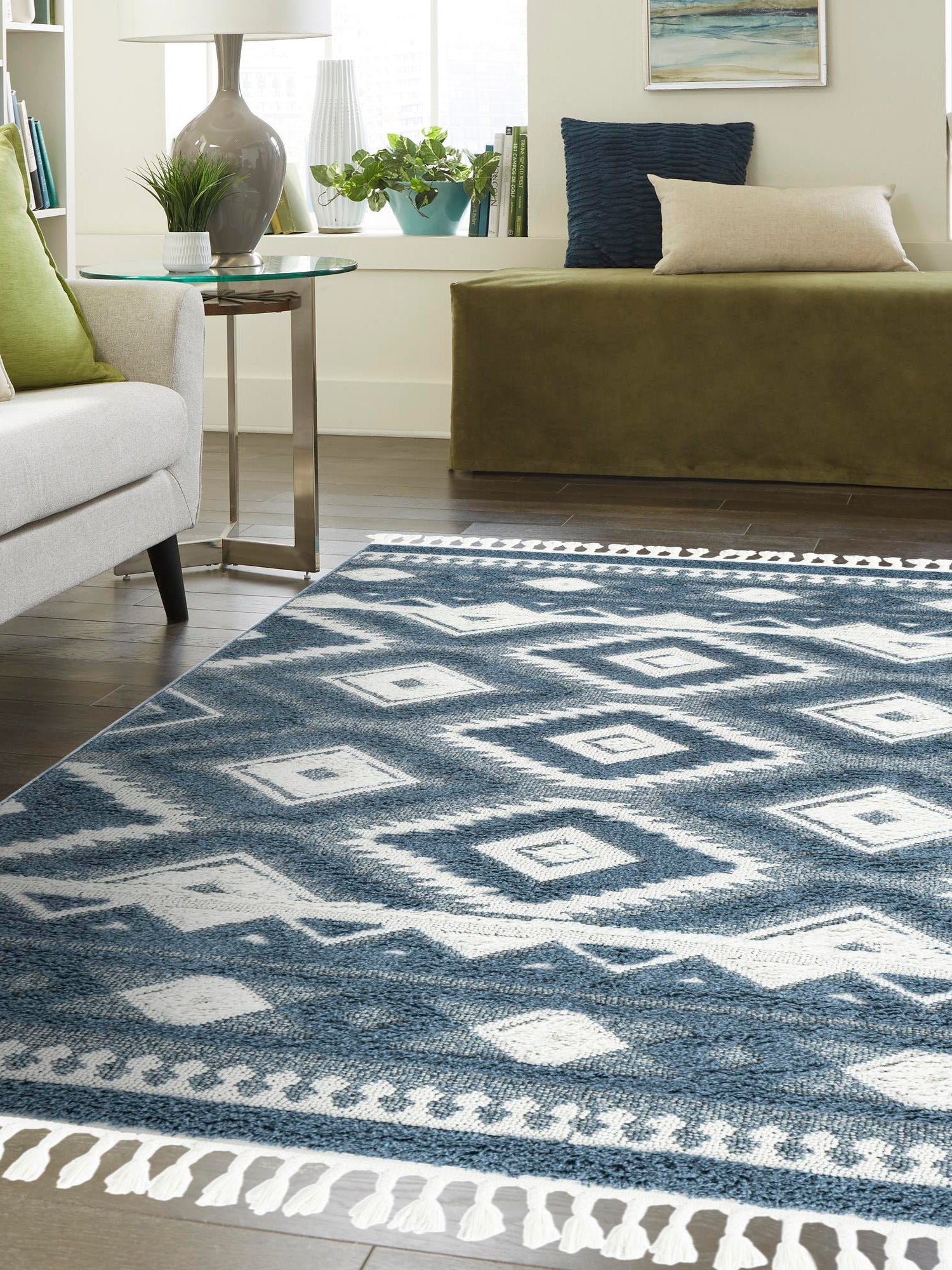 Blue 2' x 3' 1 Boho Rectangle Area Rug 100% Polyester With Cotton Backing Geometric Modern Boho Bohemian Decor Carpet for Living Rooms Office Dining Kitchen Unique Interior Design for Sale at Rug Engine