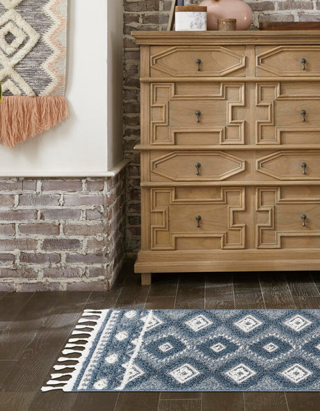 Blue 2' x 6' 1 Boho Runner Area Rug 100% Polyester With Cotton Backing Geometric Modern Boho Bohemian Decor Carpet for Living Rooms Office Dining Kitchen Unique Interior Design for Sale at Rug Engine