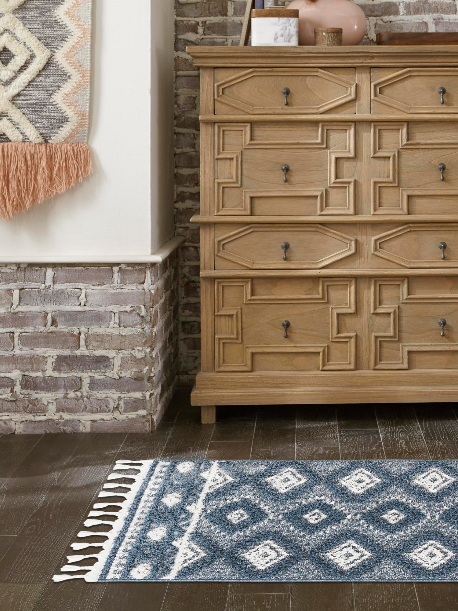 Blue 2' x 8' Boho Runner Area Rug 100% Polyester With Cotton Backing Geometric Modern Boho Bohemian Decor Carpet for Living Rooms Office Dining Kitchen Unique Interior Design for Sale at Rug Engine