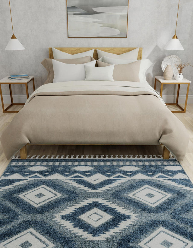 Blue 7' 10 x 7' 10 Boho Square Area Rug 100% Polyester With Cotton Backing Geometric Modern Boho Bohemian Decor Carpet for Living Rooms Office Dining Kitchen Unique Interior Design for Sale at Rug Engine