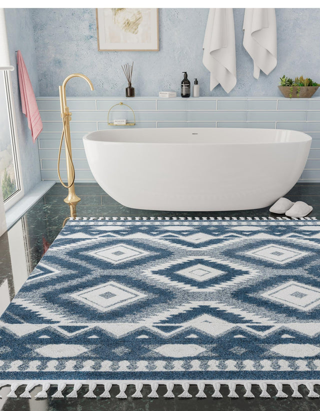 Blue 7' 10 x 7' 10 Boho Square Area Rug 100% Polyester With Cotton Backing Geometric Modern Boho Bohemian Decor Carpet for Living Rooms Office Dining Kitchen Unique Interior Design for Sale at Rug Engine