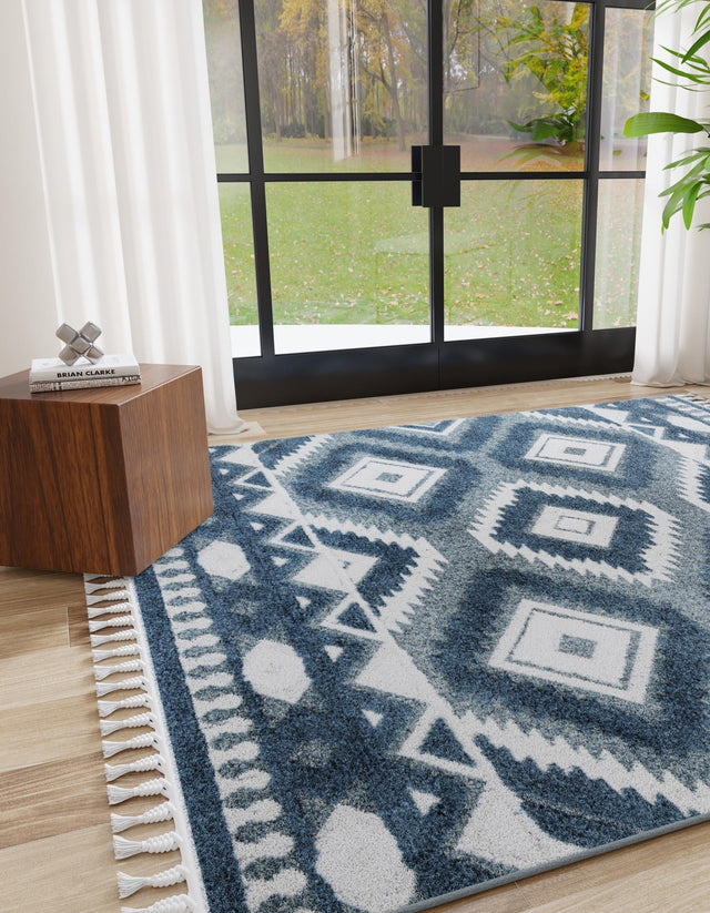 Blue 7' 10 x 7' 10 Boho Square Area Rug 100% Polyester With Cotton Backing Geometric Modern Boho Bohemian Decor Carpet for Living Rooms Office Dining Kitchen Unique Interior Design for Sale at Rug Engine