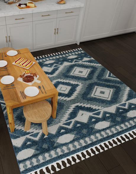 Blue 7' 10 x 7' 10 Boho Square Area Rug 100% Polyester With Cotton Backing Geometric Modern Boho Bohemian Decor Carpet for Living Rooms Office Dining Kitchen Unique Interior Design for Sale at Rug Engine
