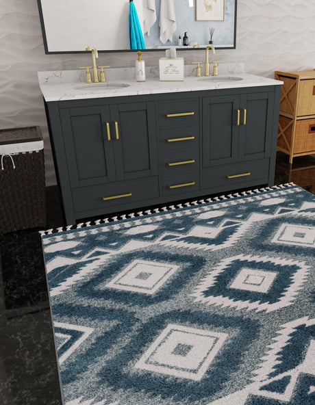 Blue 7' 10 x 7' 10 Boho Square Area Rug 100% Polyester With Cotton Backing Geometric Modern Boho Bohemian Decor Carpet for Living Rooms Office Dining Kitchen Unique Interior Design for Sale at Rug Engine