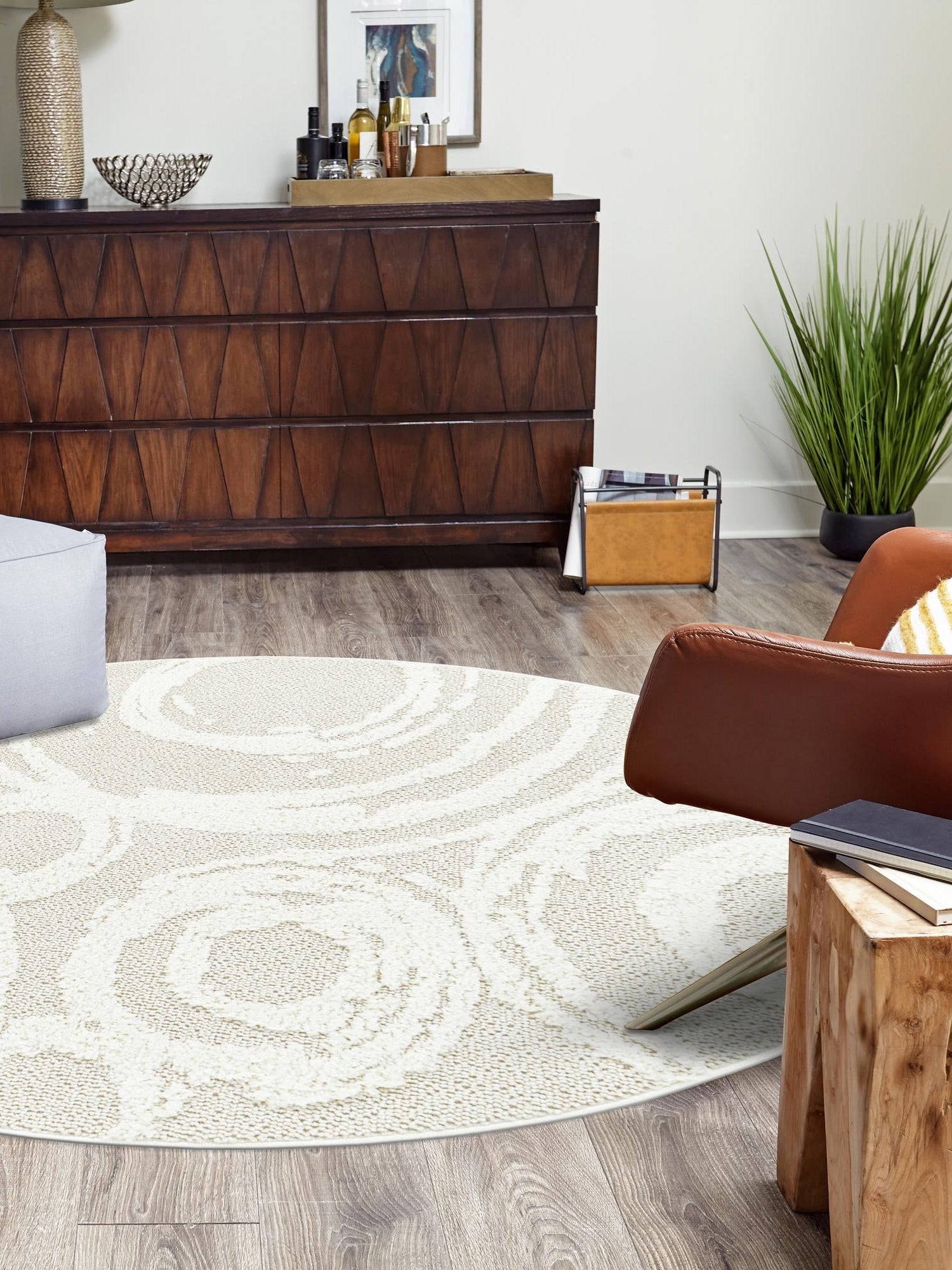 Ivory 5' 3 x 5' 3 Boho Round Area Rug 100% Polyester With Cotton Backing Geometric Modern Boho Bohemian Decor Carpet for Living Rooms Office Dining Kitchen Unique Interior Design for Sale at Rug Engine