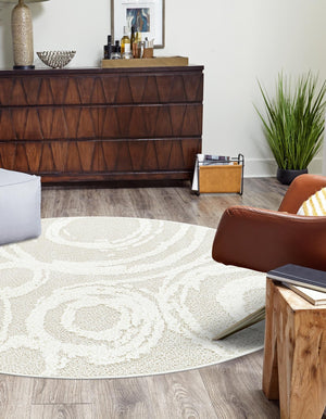 Ivory 5' 3 x 5' 3 Boho Round Area Rug 100% Polyester With Cotton Backing Geometric Modern Boho Bohemian Decor Carpet for Living Rooms Office Dining Kitchen Unique Interior Design for Sale at Rug Engine