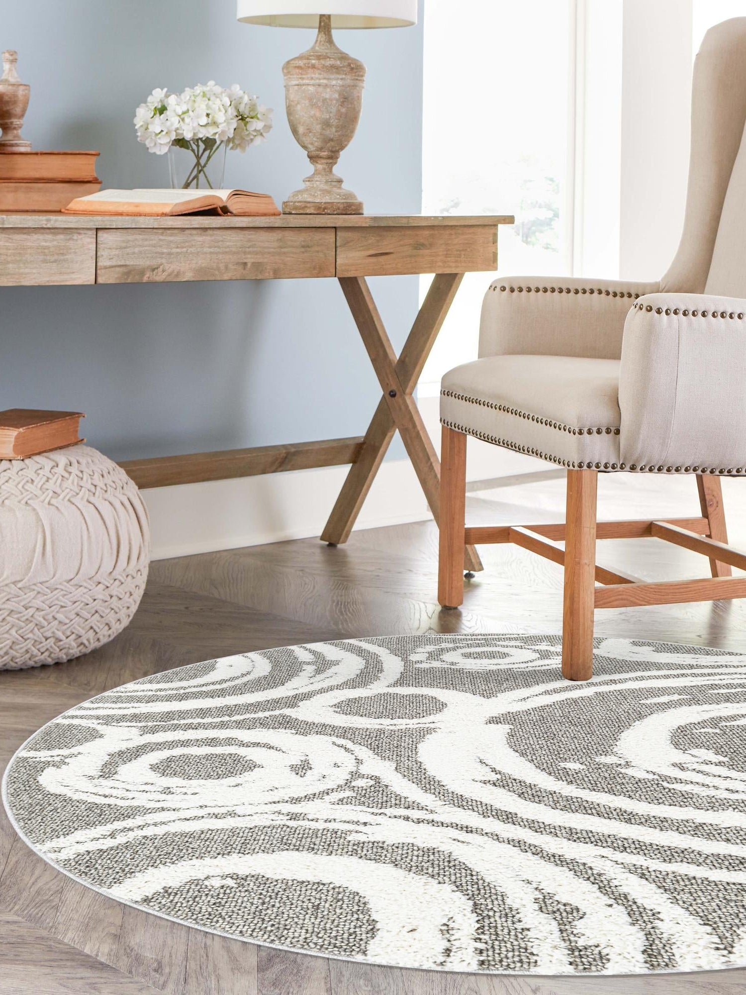 Gray 5' 3 x 5' 3 Boho Round Area Rug 100% Polyester With Cotton Backing Geometric Modern Boho Bohemian Decor Carpet for Living Rooms Office Dining Kitchen Unique Interior Design for Sale at Rug Engine
