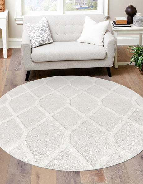 Ivory 7' 10 x 7' 10 Boho Round Area Rug 100% Polyester With Cotton Backing Geometric Modern Boho Bohemian Decor Carpet for Living Rooms Office Dining Kitchen Unique Interior Design for Sale at Rug Engine
