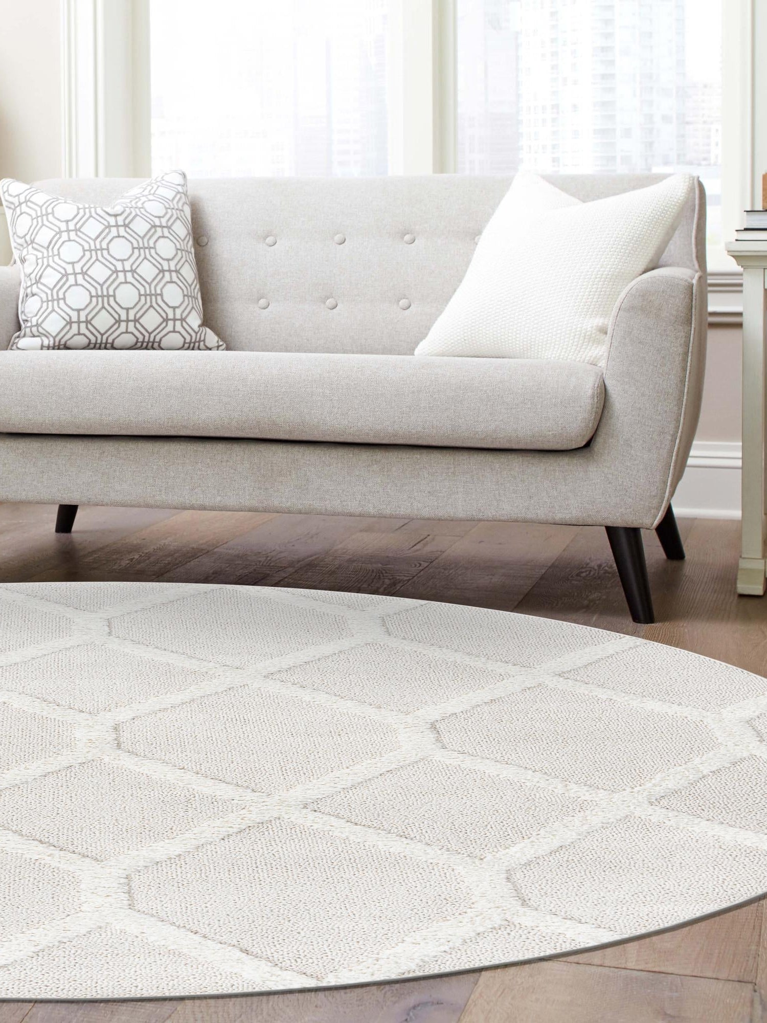 Ivory 7' 10 x 7' 10 Boho Round Area Rug 100% Polyester With Cotton Backing Geometric Modern Boho Bohemian Decor Carpet for Living Rooms Office Dining Kitchen Unique Interior Design for Sale at Rug Engine
