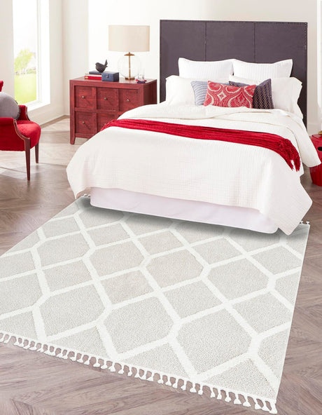 Ivory 7' 10 x 7' 10 Boho Square Area Rug 100% Polyester With Cotton Backing Geometric Modern Boho Bohemian Decor Carpet for Living Rooms Office Dining Kitchen Unique Interior Design for Sale at Rug Engine