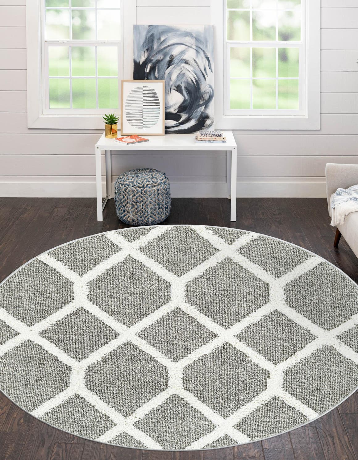 Gray 7' 10 x 7' 10 Boho Round Area Rug 100% Polyester With Cotton Backing Geometric Modern Boho Bohemian Decor Carpet for Living Rooms Office Dining Kitchen Unique Interior Design for Sale at Rug Engine