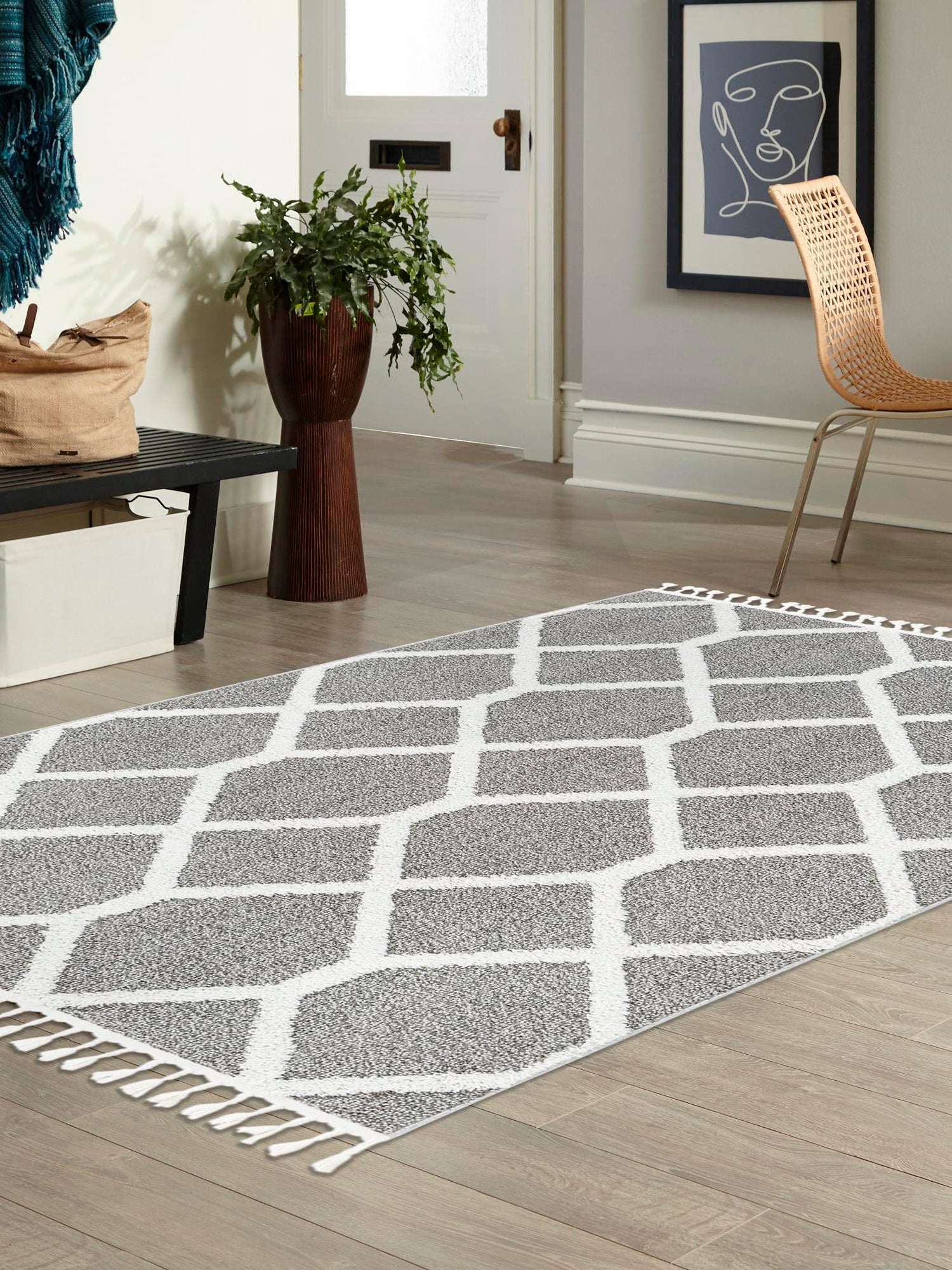 Gray 4' 1 x 6' 1 Boho Rectangle Area Rug 100% Polyester With Cotton Backing Geometric Modern Boho Bohemian Decor Carpet for Living Rooms Office Dining Kitchen Unique Interior Design for Sale at Rug Engine