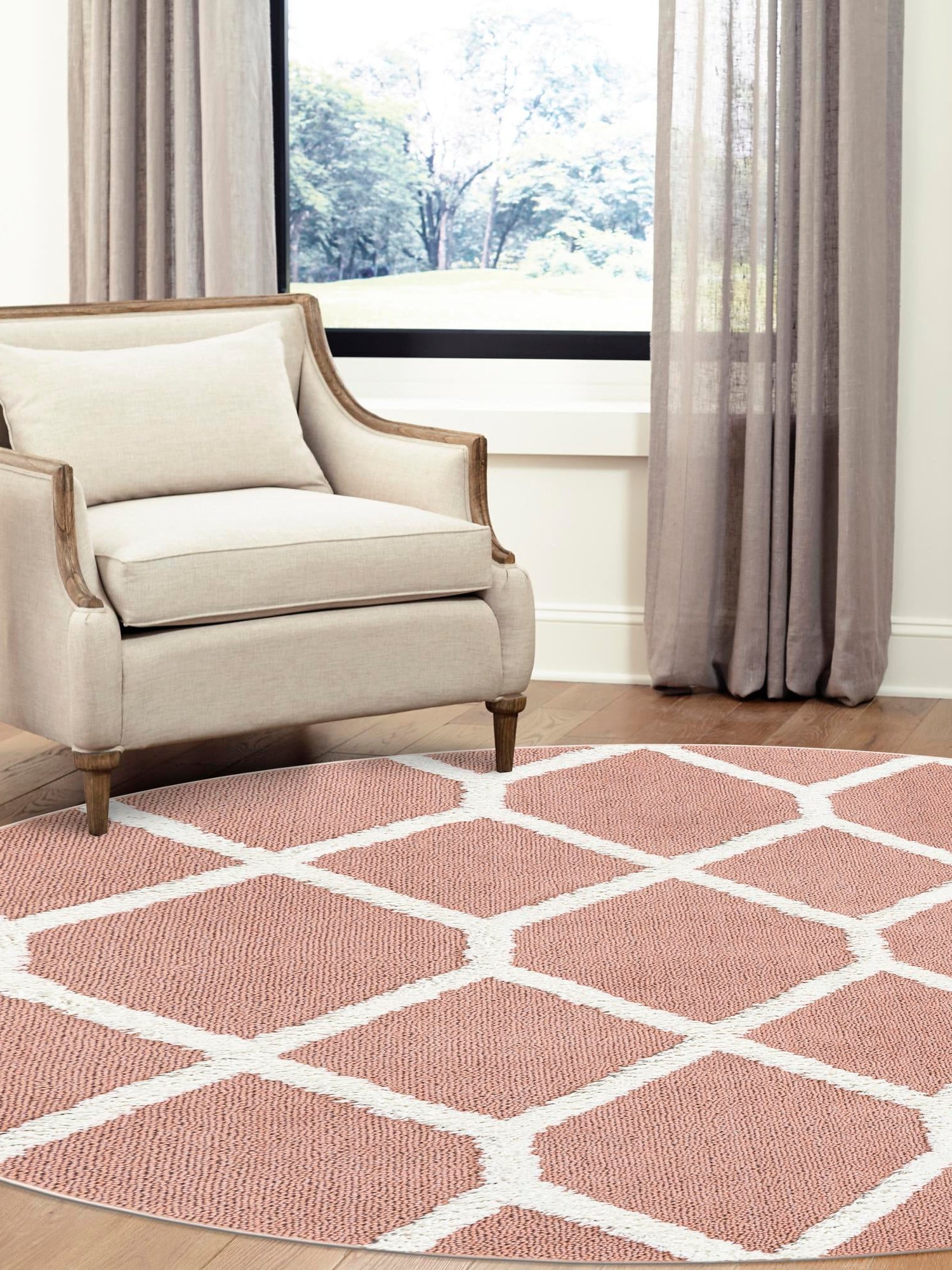 Pink 5' 3 x 5' 3 Boho Round Area Rug 100% Polyester With Cotton Backing Geometric Modern Boho Bohemian Decor Carpet for Living Rooms Office Dining Kitchen Unique Interior Design for Sale at Rug Engine