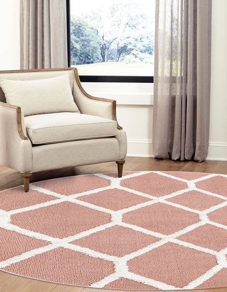 Pink 5' 3 x 5' 3 Boho Round Area Rug 100% Polyester With Cotton Backing Geometric Modern Boho Bohemian Decor Carpet for Living Rooms Office Dining Kitchen Unique Interior Design for Sale at Rug Engine