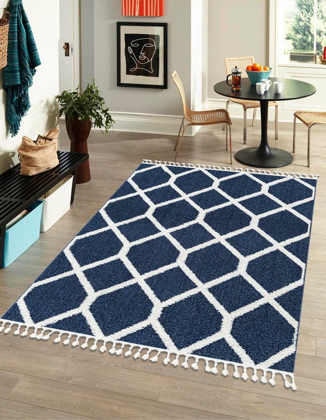 Blue 9' x 12' Boho Rectangle Area Rug 100% Polyester With Cotton Backing Geometric Modern Boho Bohemian Decor Carpet for Living Rooms Office Dining Kitchen Unique Interior Design for Sale at Rug Engine