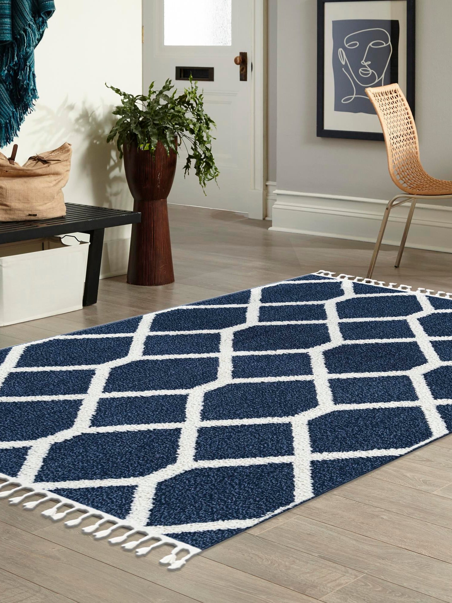 Blue 2' x 3' 1 Boho Rectangle Area Rug 100% Polyester With Cotton Backing Geometric Modern Boho Bohemian Decor Carpet for Living Rooms Office Dining Kitchen Unique Interior Design for Sale at Rug Engine