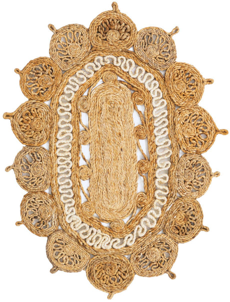 Natural and White 2' x 3' 1 Braided Jute Oval Rug
