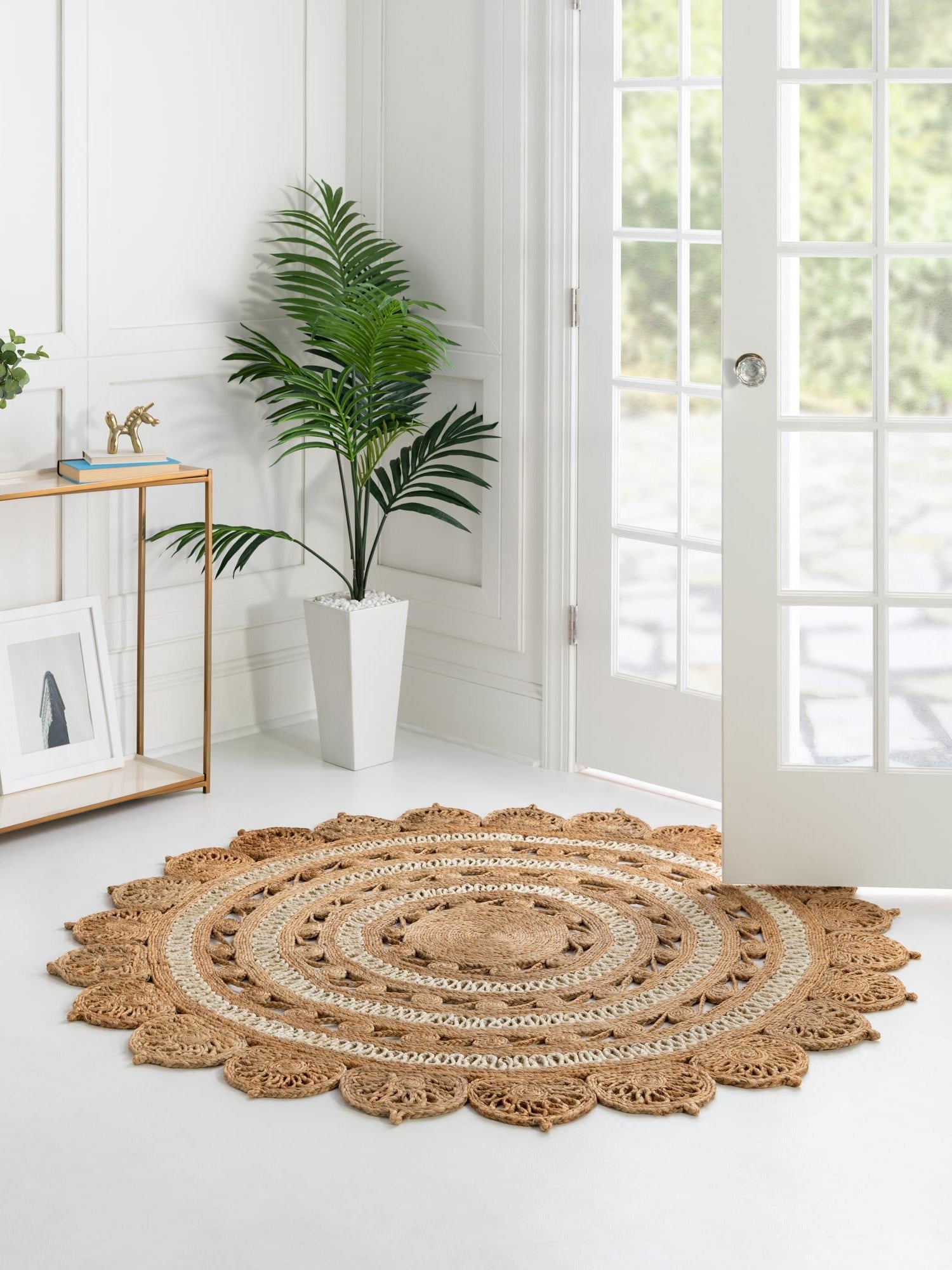 Natural and White 5' 1 x 5' 1 Braided Jute Round Area Rug 100% Jute Hand Braided Natural Eco-Friendly Boho Style Carpet for Living Rooms Dining Office Space Dorms for Sale at Rug Engine
