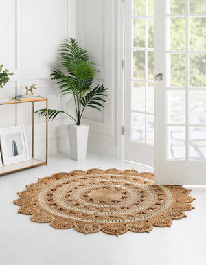 Natural and White 3' 1 x 3' 1 Braided Jute Round Rug