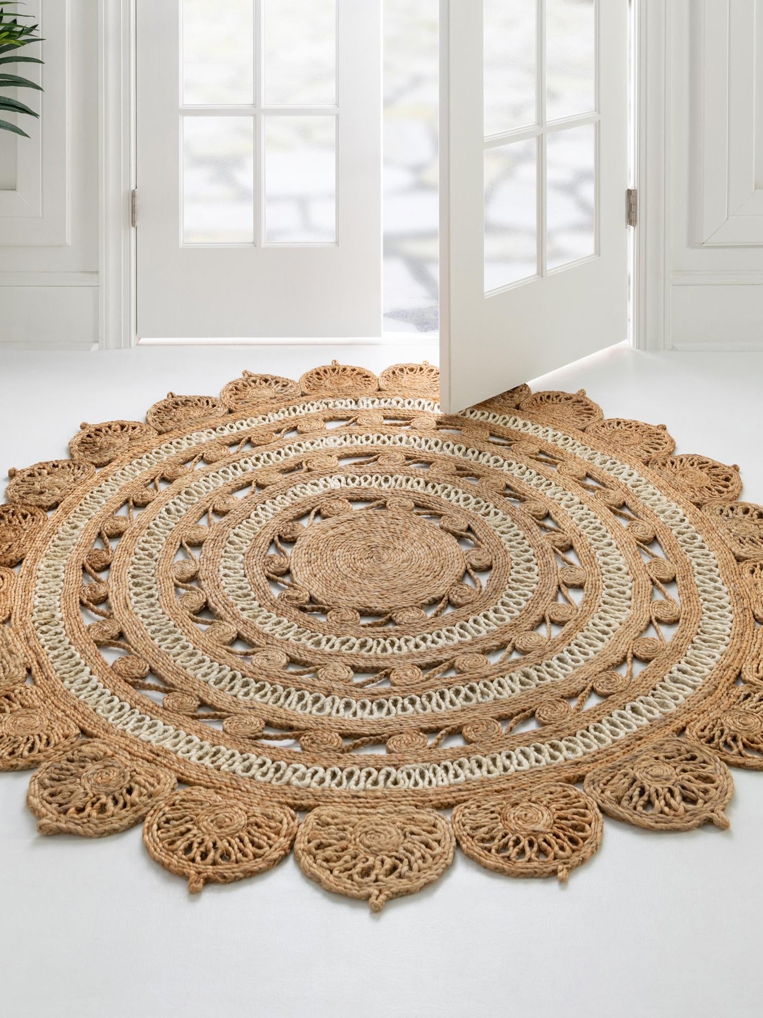 Natural and White 3' 1 x 3' 1 Braided Jute Round Area Rug 100% Jute Hand Braided Natural Eco-Friendly Boho Style Carpet for Living Rooms Dining Office Space Dorms for Sale at Rug Engine