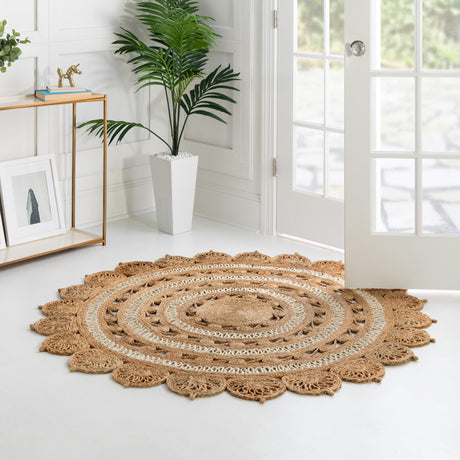Natural and White 3' 1 x 3' 1 Braided Jute Round Area Rug 100% Jute Hand Braided Natural Eco-Friendly Boho Style Carpet for Living Rooms Dining Office Space Dorms for Sale at Rug Engine