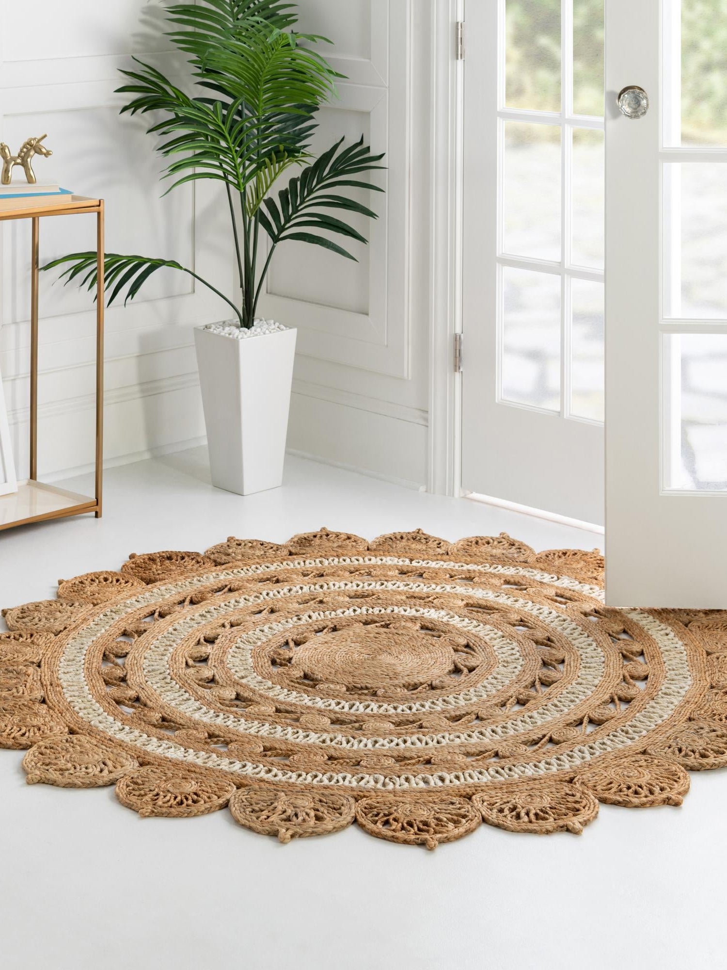 Natural and White 2' x 2' Braided Jute Round Area Rug 100% Jute Hand Braided Natural Eco-Friendly Boho Style Carpet for Living Rooms Dining Office Space Dorms for Sale at Rug Engine