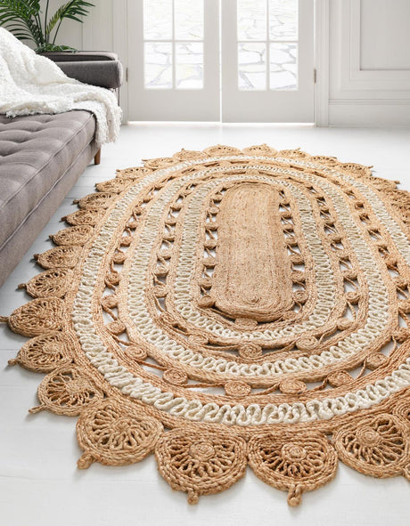 Natural and White 5' 1 x 8' Braided Jute Oval Rug