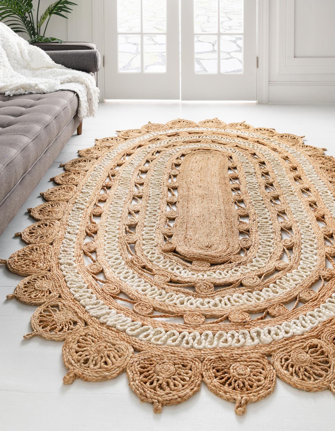 Natural and White 2' x 3' 1 Braided Jute Oval Area Rug 100% Jute Hand Braided Natural Eco-Friendly Boho Style Carpet for Living Rooms Dining Office Space Dorms for Sale at Rug Engine