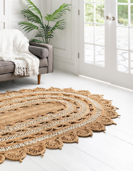 Natural and White 5' 1 x 8' Braided Jute Oval Area Rug 100% Jute Hand Braided Natural Eco-Friendly Boho Style Carpet for Living Rooms Dining Office Space Dorms for Sale at Rug Engine